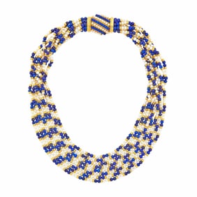 Tiffany & Co. Multistrand Gold, Cultured Pearl and Lapis Bead Necklace