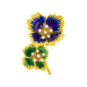 Gold, Green and Blue Enamel and Diamond Double Flower Clip-Brooch
