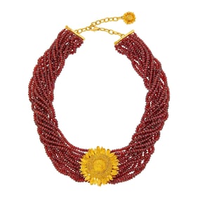 Asprey Multistrand Garnet Bead and Gold Sunflower Necklace
