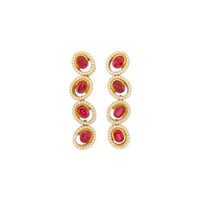 Pair of Gold, Red Spinel and Diamond Pendant-Earclips