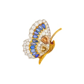 Gold, Platinum, Colored Diamond, Diamond and Sapphire 'En Tremblant' Butterfly Brooch