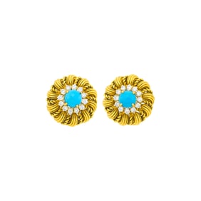 Cartier Pair of Gold, Turquoise and Diamond Earclips