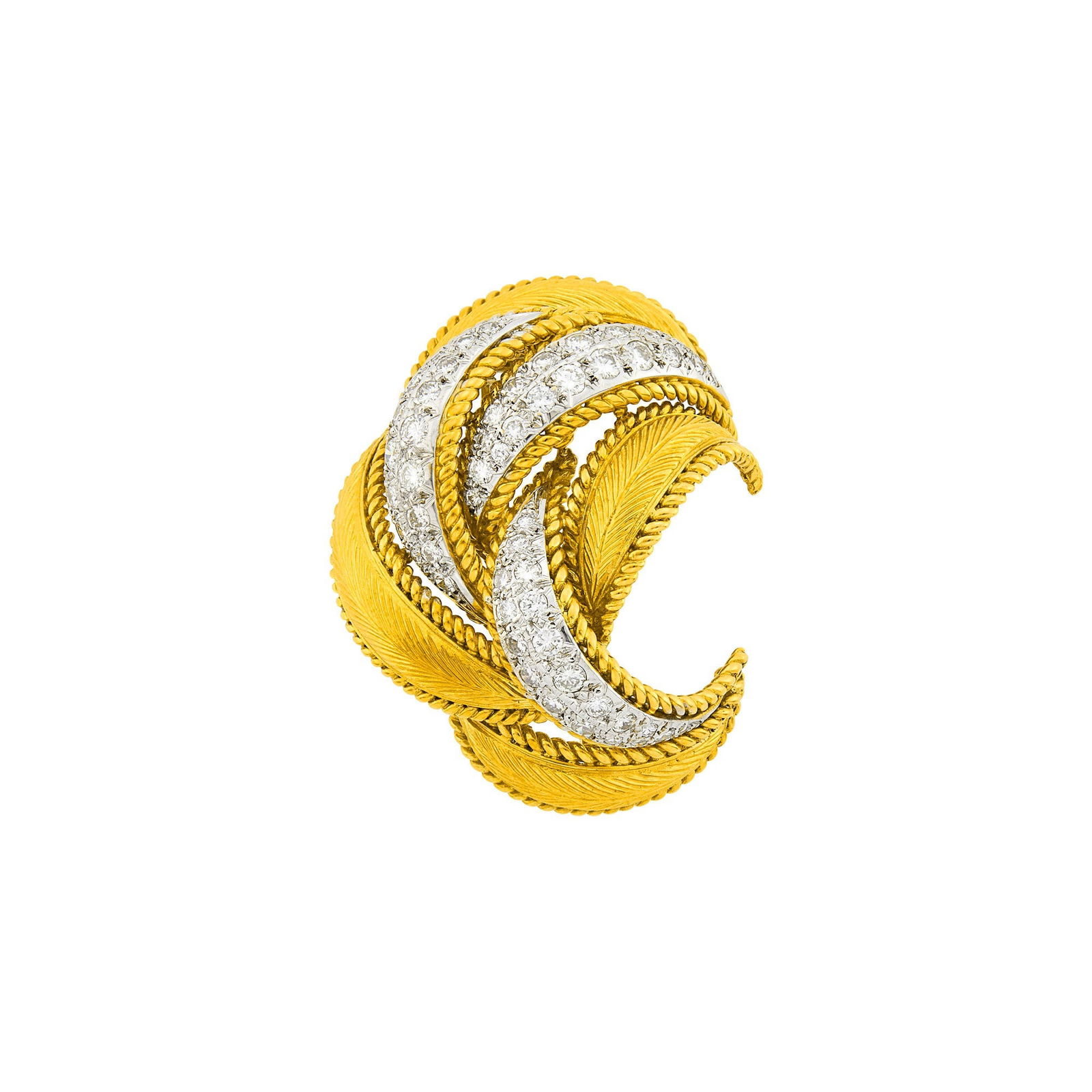 Two-Color Gold and Diamond Clip-Brooch: 18 kt. yellow and white gold, 53 round diamonds ap. 3.20 cts., one single-cut diamond, signed Italy, ap. 21 dwts. Diamonds: H-I-VS. Warm yellow color to gold. 1 7/8 x 1 1/2 inches.