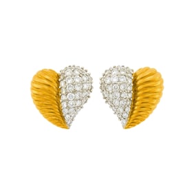 Pair of Gold, Platinum and Diamond Heart Earclips