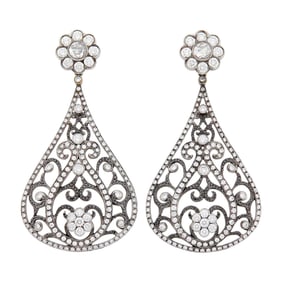 Pair of Blackened Gold and Diamond Pendant-Earrings