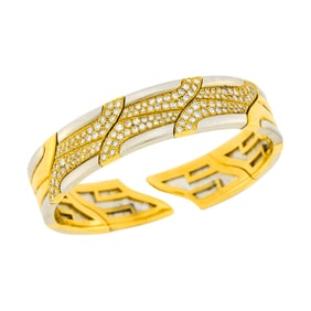 Two-Color Gold, Stainless Steel and Diamond Cuff Bangle Bracelet