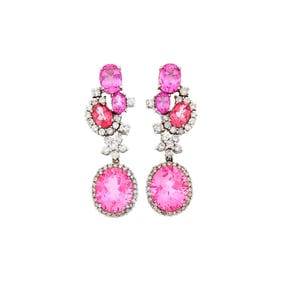 Pair of White Gold, Pink Topaz and Diamond Pendant-Earrings
