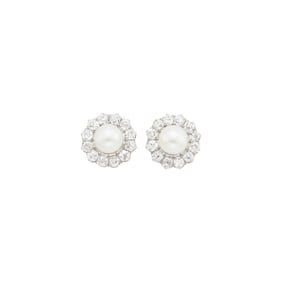 Pair of Platinum, Gold, Cultured Pearl and Diamond Earrings