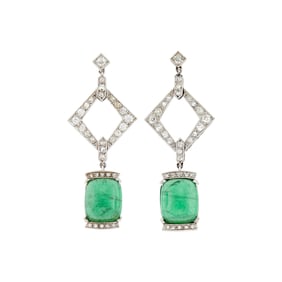 Pair of Platinum, Cabochon Emerald and Diamond Pendant-Earrings
