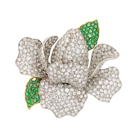 Two-Color Gold, Diamond and Emerald Flower Brooch