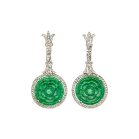 Pair of Platinum, Carved Jade and Diamond Pendant-Earrings