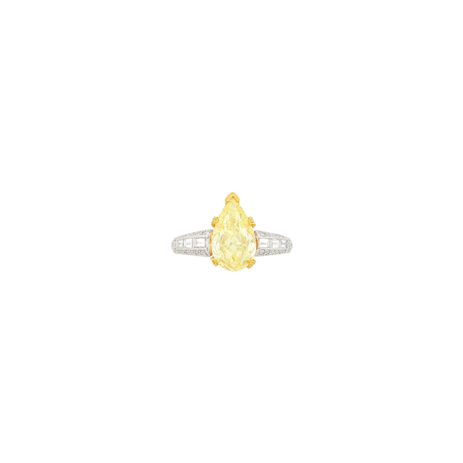 Sophia D. Platinum, Gold, Fancy Intense Yellow Diamond and Diamond Ring: One pear-shaped Fancy Intense Yellow diamond weighing 1.92 cts., 60 round and 6 baguette diamonds ap. .50 ct., signed Sophia D., no. 038A, ap. 3.7 dwts. Size 6. With GIA report no. 2145963537 stating