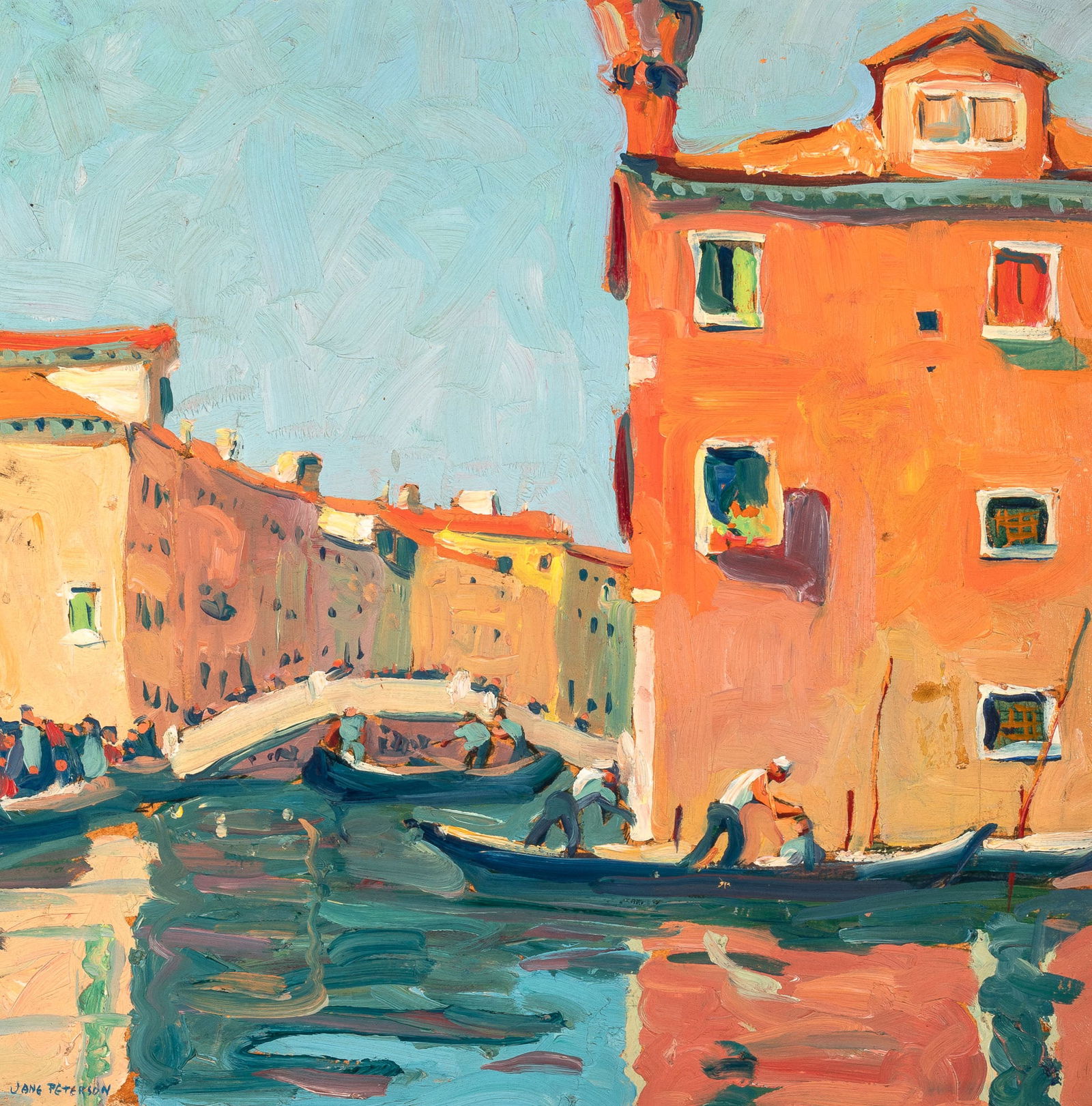 Jane Peterson: American, 1876 - 1965Venetian Bridge (also known as Red House)Signed Jane Peterson (ll) and (lr)Oil on board18 x 18 1/8 inches (45.7 x 46 cm) (Framed: 26 x 26 inches)