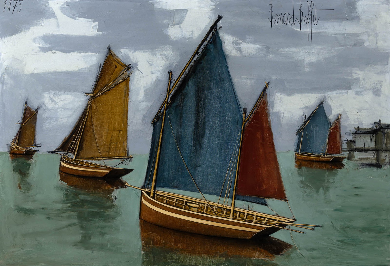 Bernard Buffet: French, 1928-1999Bateaux de Peche, 1973 Signed Bernard Buffet (ur) and dated 1973 (ul); inscribed AE 12 and t. U. on the reverseOil on canvas35 1/4 x 51 3/8 inches (89.5 x 130.5