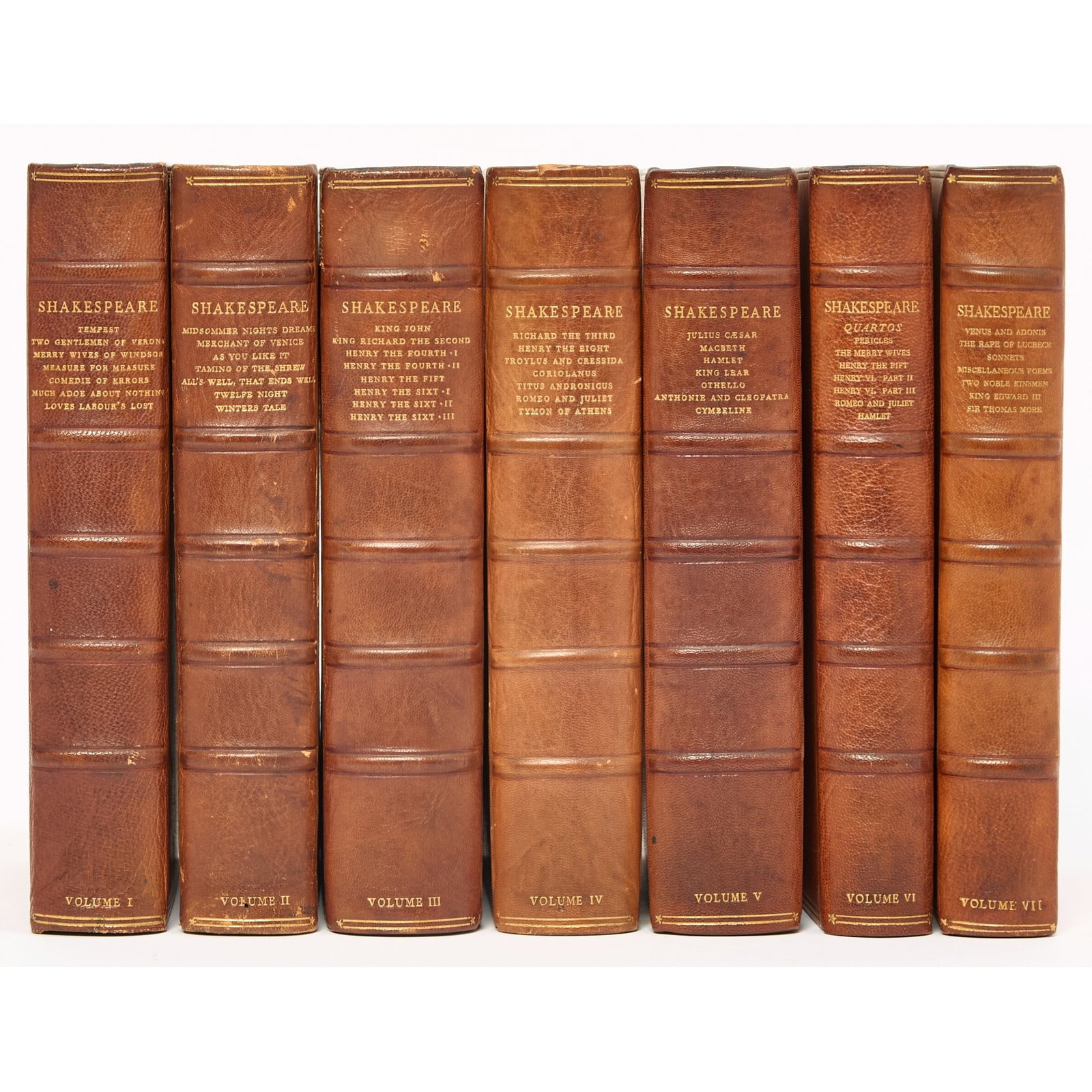 The Nonesuch edition of Shakespeare: SHAKESPEARE, WILLIAM The Works of Shakespeare… London: Nonesuch Press, 1929–(1933). One of 1600 sets. Seven volumes, bound in original full brown niger morocco. 9 1/4 x 6 inches (23 x 15 c