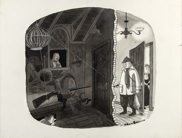 A superb original Charles Addams drawing advertising a movie