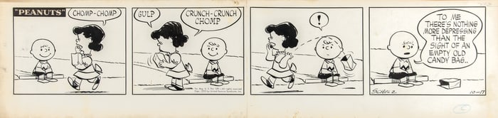 An early Charles Schulz Peanuts cartoon, featuring Charlie Brown and Lucie