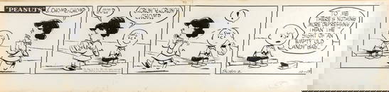 An early Charles Schulz Peanuts cartoon, featuring Charlie Brown and Lucie