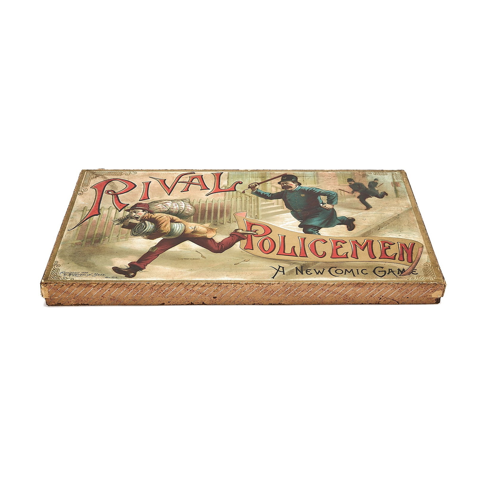 A coveted Mcloughlin Brothers board game: GAMES [McLOUGHLIN BROS.] Rival Policemen. New York: 1896. Original box, wooden board and pieces, chromolithography. 12 x 21 x 1 inches (30 x 53 x 2) cm. Wear and losses to box and sides of board consi