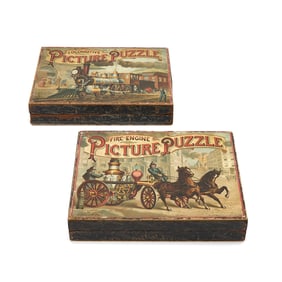 Two McLoughlin Bros. picture puzzles featuring a fire engine and a locomotive
