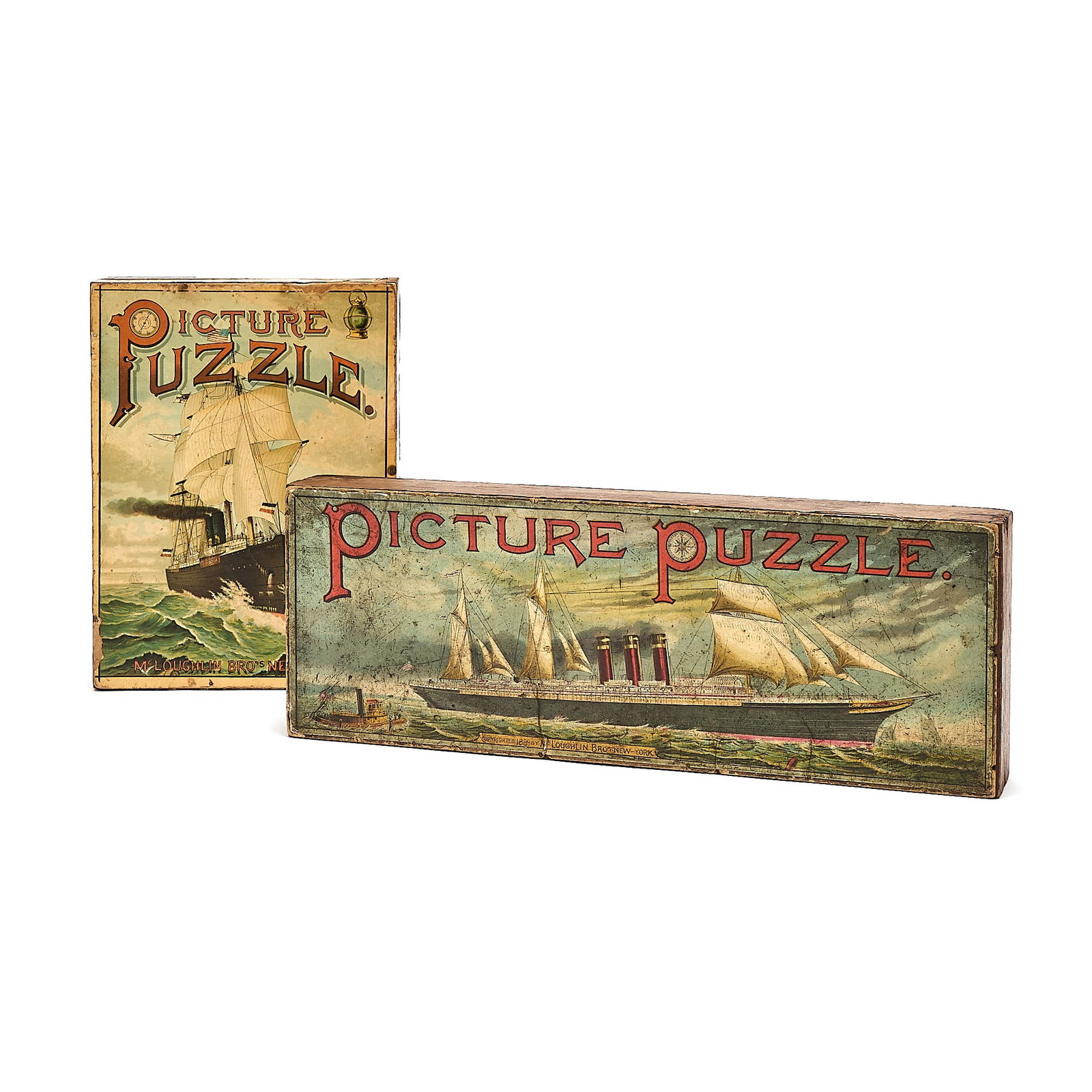 Two McLoughlin Bros. picture puzzles, both featuring maritime scenes: McLOUGHLIN BROS. Two maritime-themed picture puzzles. Circa