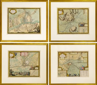 Four attractively colored Louis XIV era battle plans