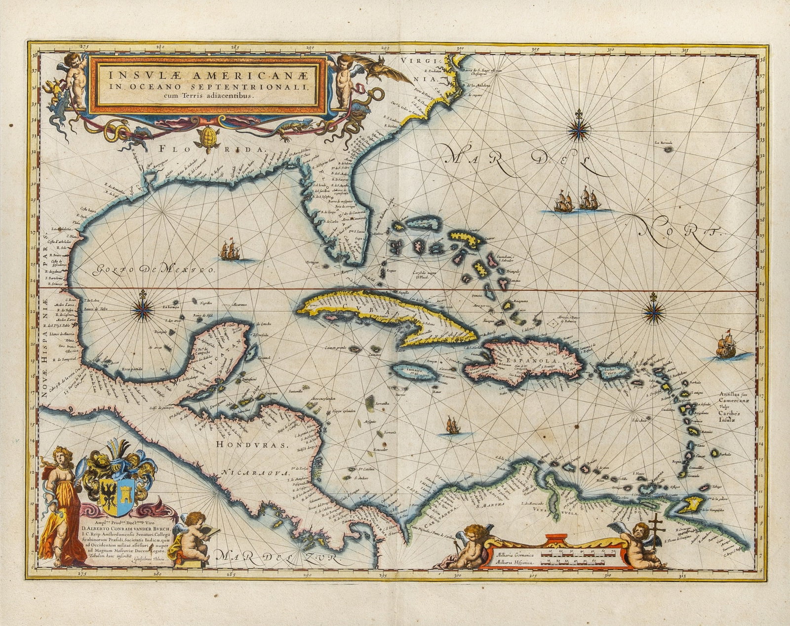 Blaeu's map of Florida and the Caribbean: BLAEU, WILLEM Insulae Americanae in Oceano Septentrionali, cum Terris adjacentibus. Amsterdam: [circa 1635 or later]. Engraved map with hand-coloring, 17⅜ x 21⅞ inches (44 x 55 cm), with
