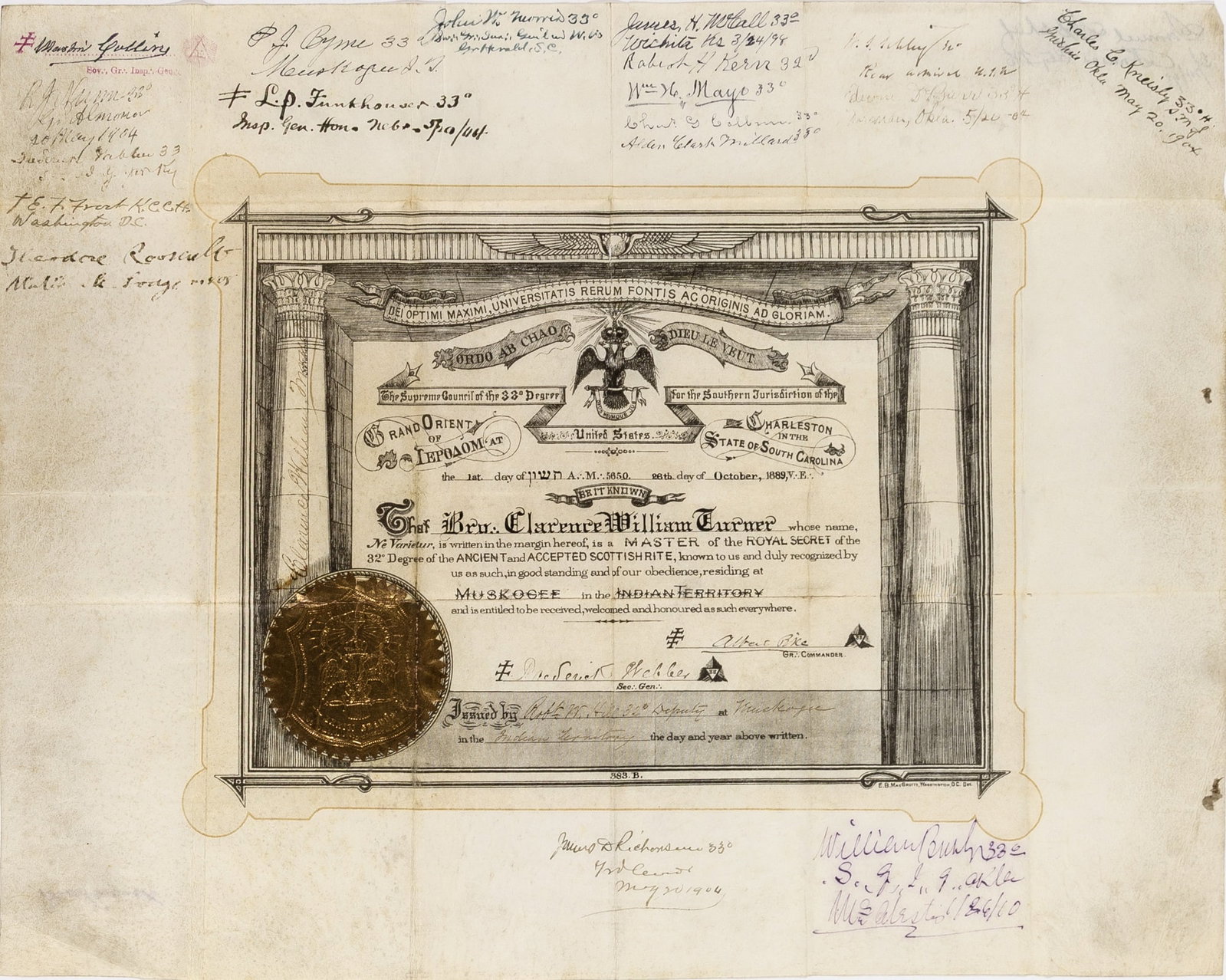 Theodore Roosevelt signs a notable Masonic certificate: ROOSEVELT, THEODORE Signature on Masonic Document, also signed by Albert Pike, appointing a Master of the Royal Secret residing within Indian Territory. Moskogee, Indian Territory: 26 Octob