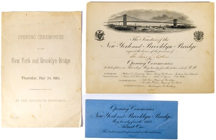 The ticket, invitation and program for the opening of the Brooklyn Bridge.