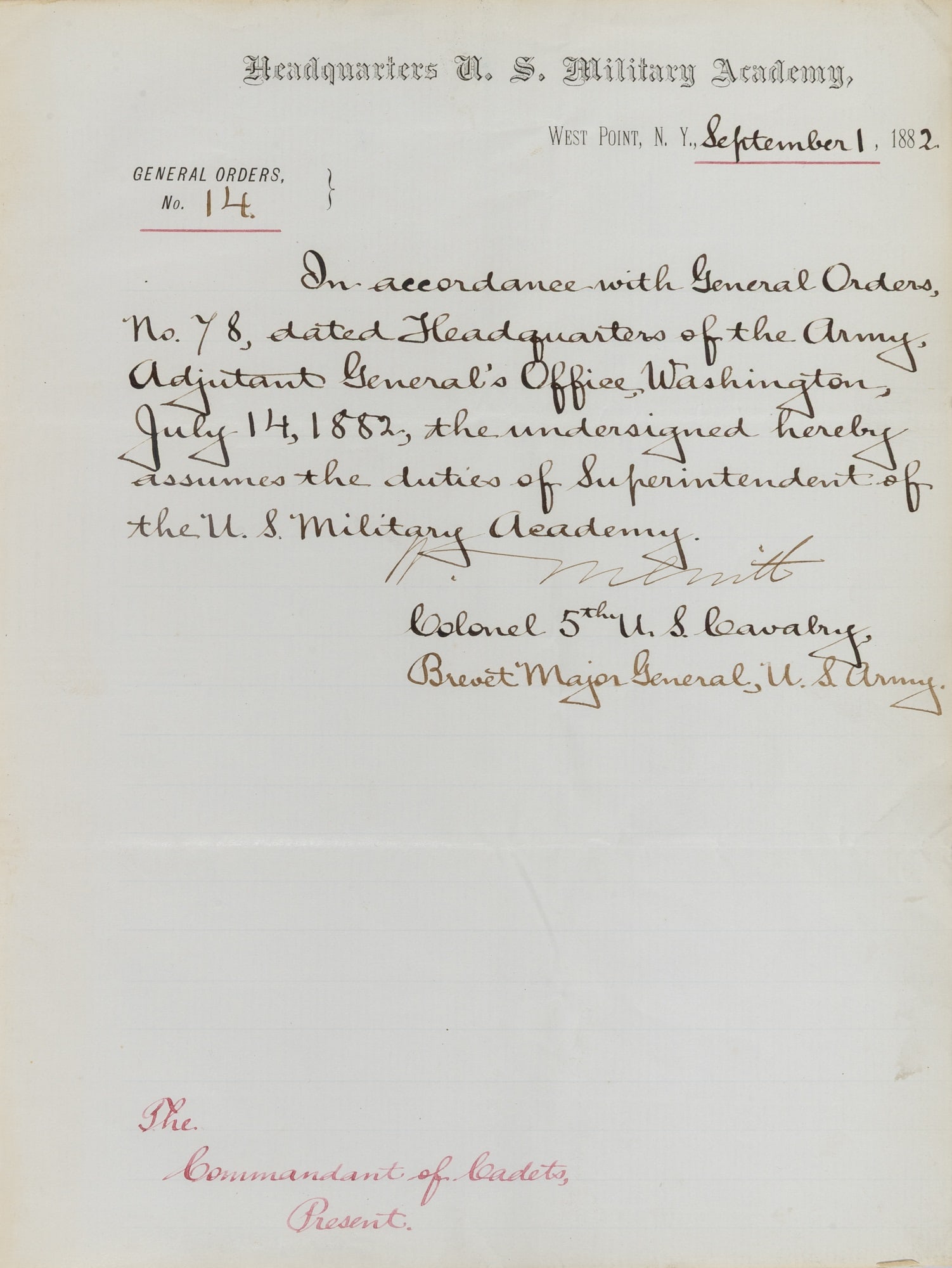 Document promoting Wesley Merritt to command at West Point: MERRITT, WESLEY A letter of appointment promoting Wesley Merritt to superintendent at West Point.