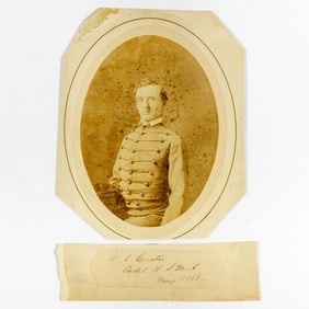 An early photograph of Custer at West Point, including a slip with his bold signature
