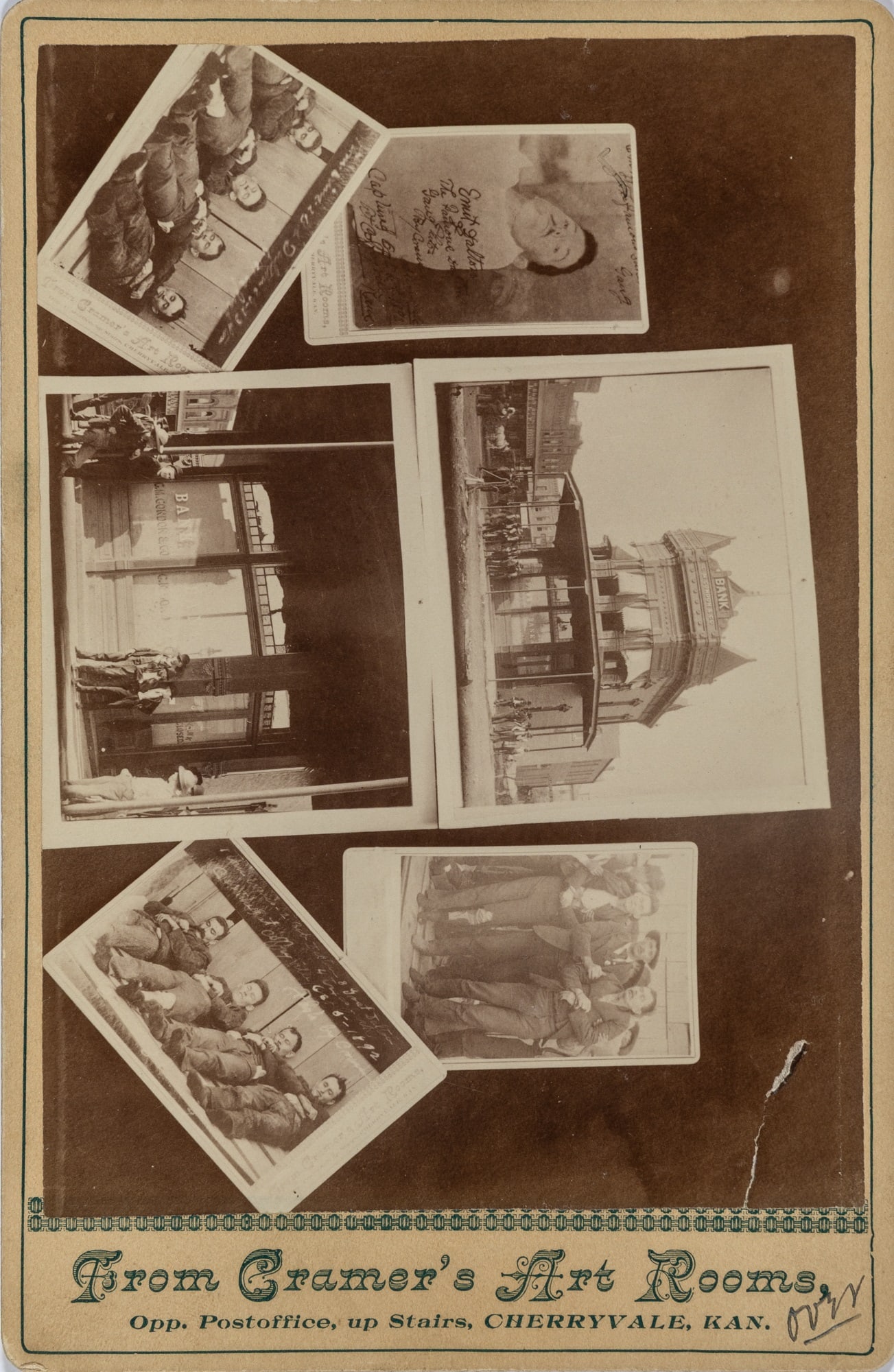 Rare composite card showing the four dead members of the Dalton Gang: DALTON GANG Cabinet card depicting the four dead members of the Dalton Gang and the final bank they attempted to rob. Cherryvale, Kansas: Cramer's Art Rooms, [1892]. Cabinet card composite showing six