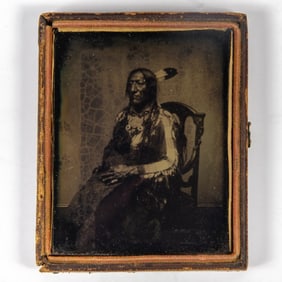 An ambrotype of Chief War Bonnet by Alexander Gardner
