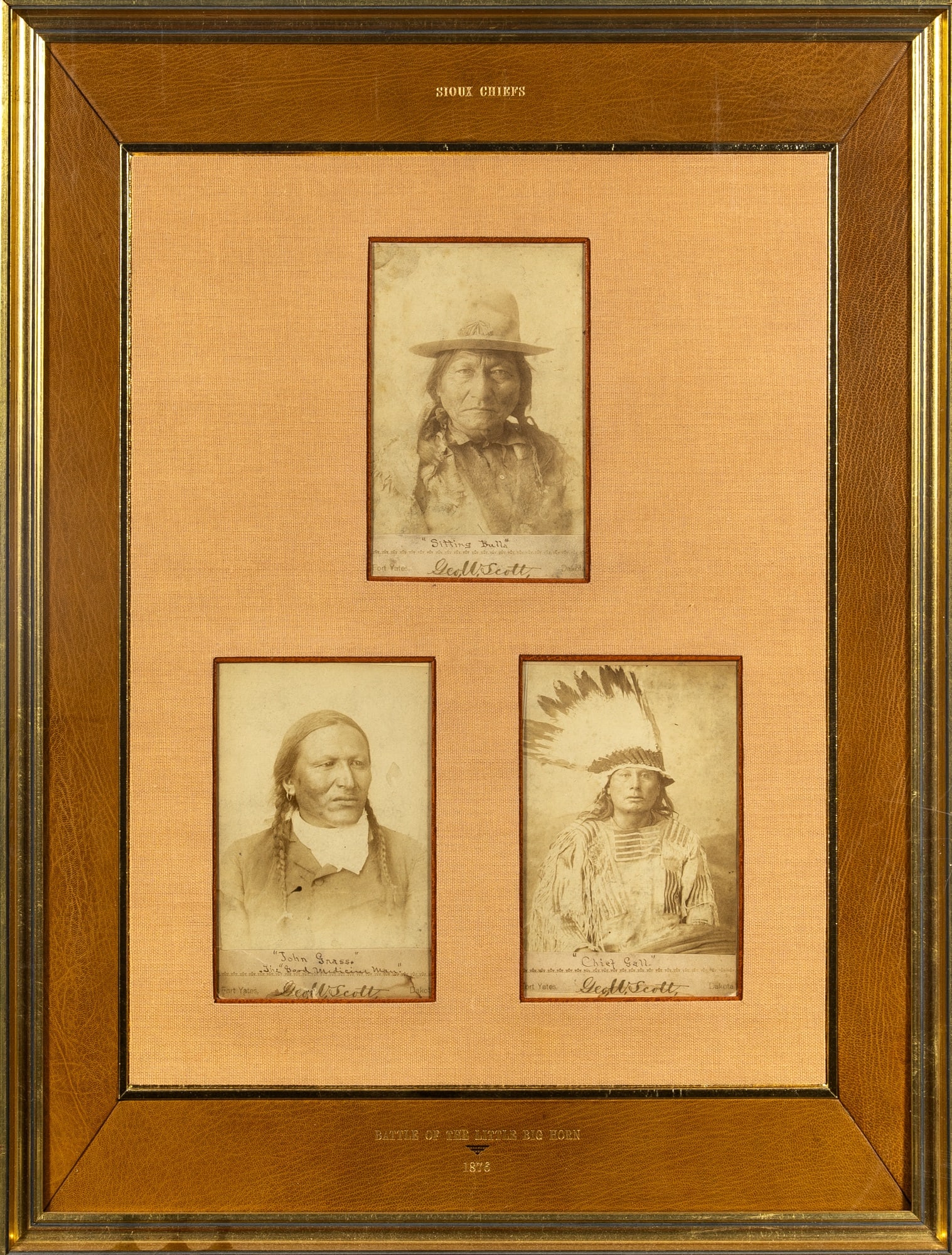 Cabinet cards of Sioux Chiefs from the Battle of the Little Bighorn: BATTLE OF THE LITTLE BIGHORN SCOTT, W., GEORGE. Three framed cabinet cards of Sioux Chiefs engaged in the Battle of the Little Bighorn.
