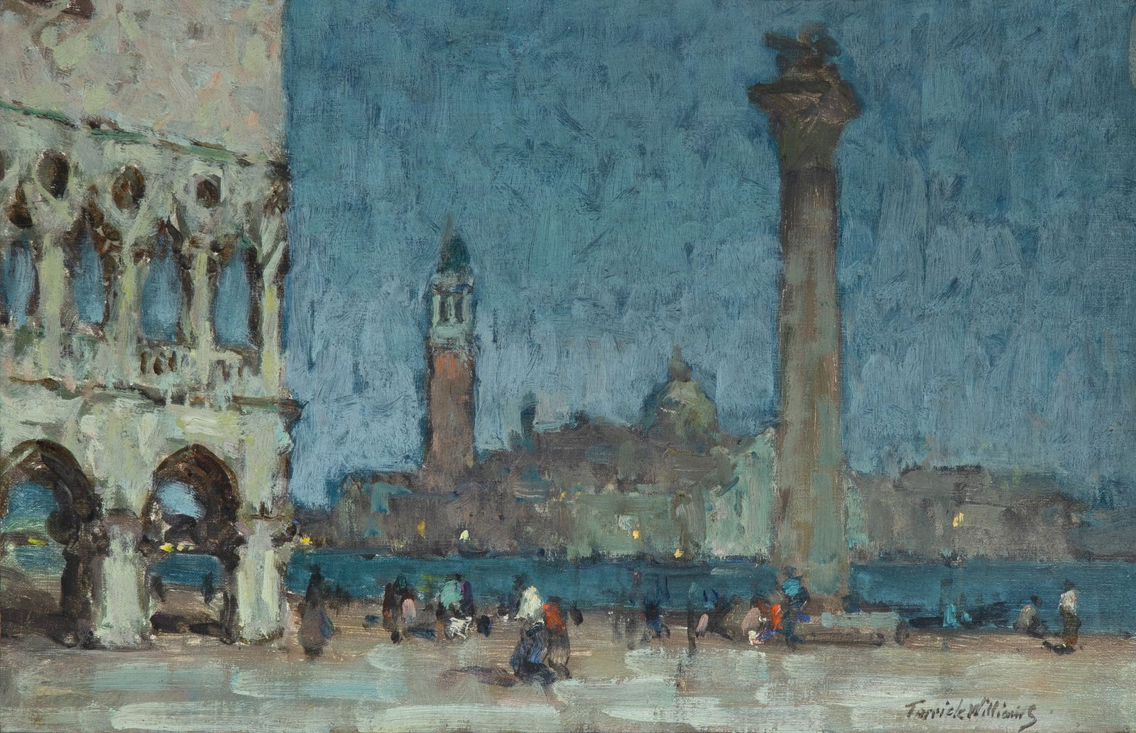 Terrick John Williams: British, 1860-1936Twilight, VeniceSigned Terrick Williams (lr); inscribed as titled and with the artist's name and address at 89 Gunterstone Road, LondonOil on canvas10 1/2 x 16 1/8 inches (26.7 x 41