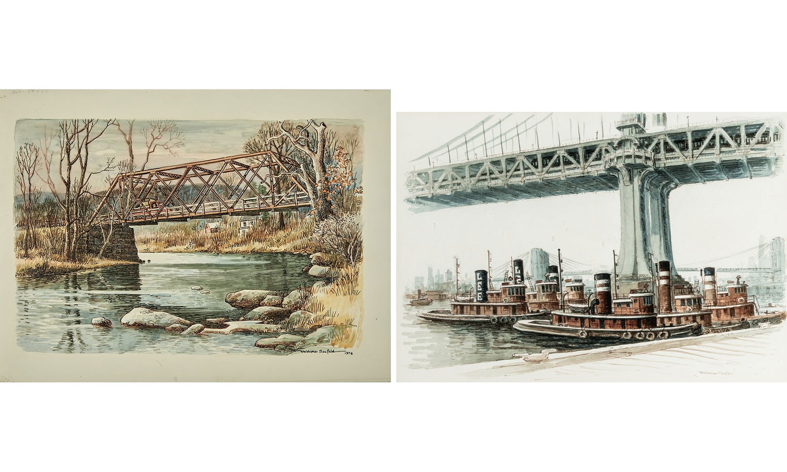 Woldemar Neufeld: American, 1909-2002(i) Tugs Under Manhattan BridgeSigned Woldemar Neufeld (lr)Watercolor on paperSight 14 x 19 3/4 inches (35.6 x 50.2 cm)Framed 21 3/4 x 27 3/4 inches