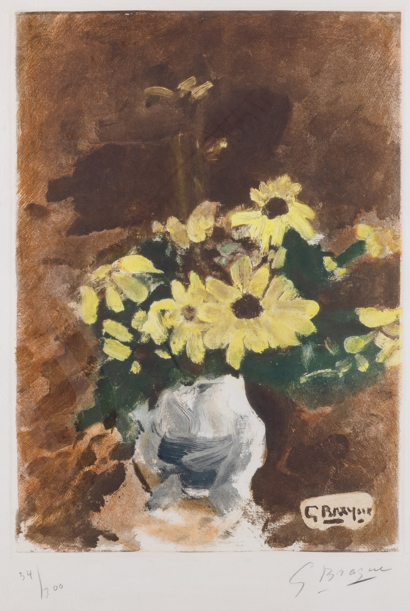 After Georges Braque (1882-1963): VASE DE FLEURS JAUNES (MAEGHT 1039)Color aquatint, circa 1955, on BFK Rives paper, signed and numbered 34/300 in pencil, published by Maeght, Paris, and with their blindstamp, with full margins