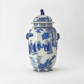 Chinese-Style Blue and White Octagonal Porcelain Vase and Cover