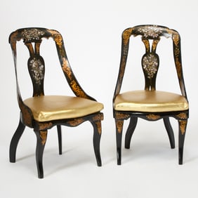 Pair of Victorian Mother-of-Pearl Inlaid Gilt and Black Lacquer Side Chairs