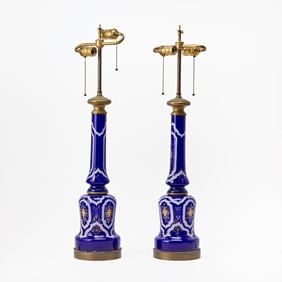 Pair of Bronze Mounted Gilt Decorated Cobalt Blue Glass Lamps