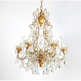 Louis XV Style Six Light Rock Crystal, Glass and Gilt-Metal Chandelier