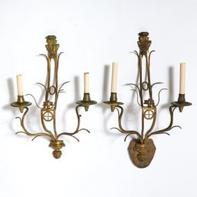 Pair of French Bronze Two-Light Sconces