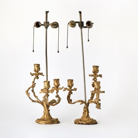 Pair of Louis XV Style Gilt-Bronze Candelabra Lamps