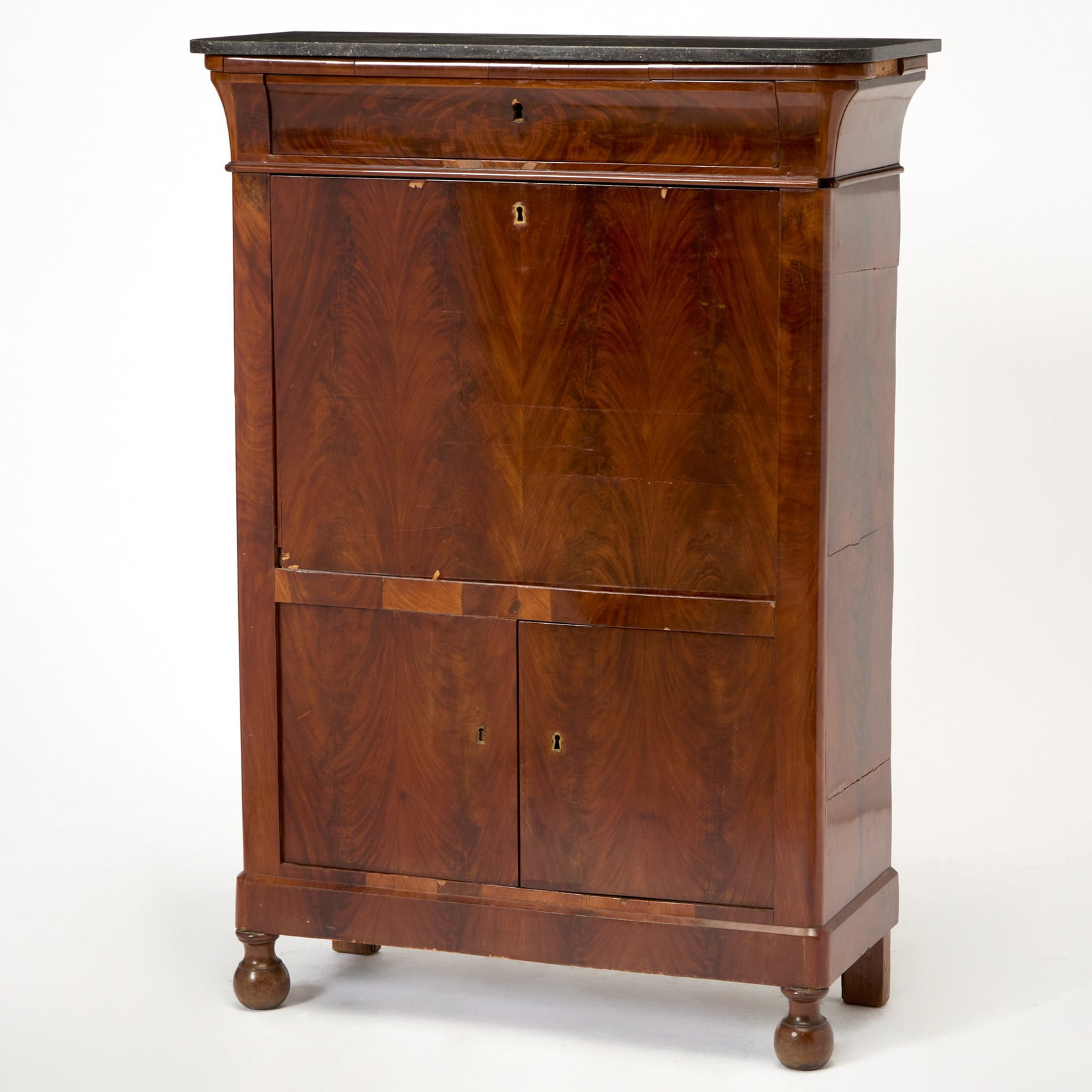 Louis Philippe Mahogany Marble Top Secretaire à Abattant: Height 59 1/2 inches, width 42 1/2 inches, depth 17 inches.