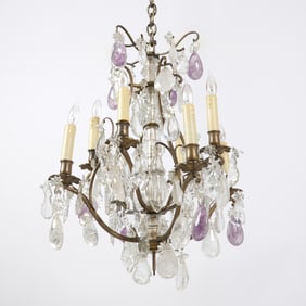 Louis XV Style Brass, Cut-Glass, Rock Crystal, and Amethyst Eight-Light Chandelier