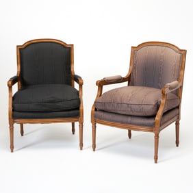 Pair of Louis XVI Style Upholstered Mahogany Fauteuils