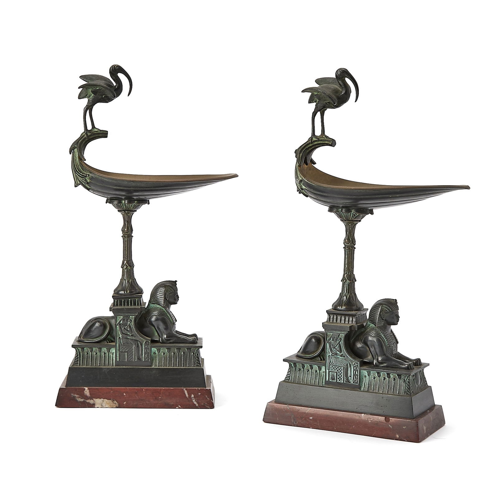 Pair of French Egyptian Revival Patinated Green and Brown Bronze Tazzas (1 of 6)