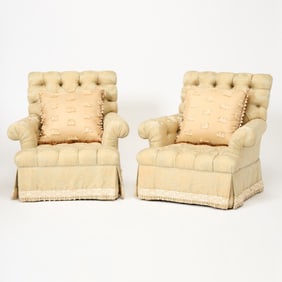 Pair of Silk Upholstered Tufted Club Chairs`