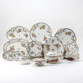Assembled French Porcelain Sevres Style 'Feuille de Choux' Pattern Partial Dinner Service