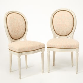 Pair of Louis XVI Style Fortuny Upholstered Painted Side Chairs